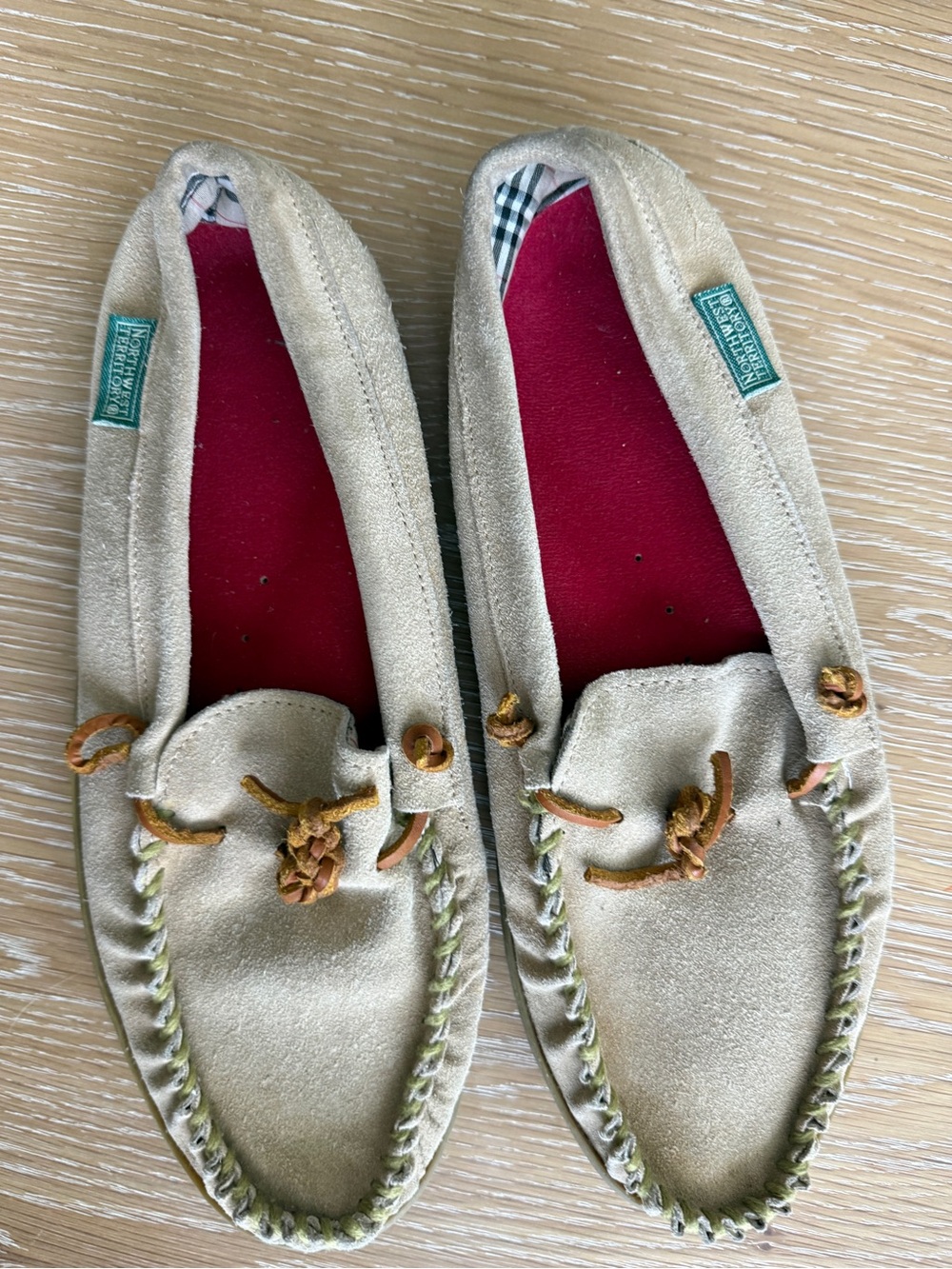 Northwest Beige Suede Moccasin Slip-Ons with Red Insole